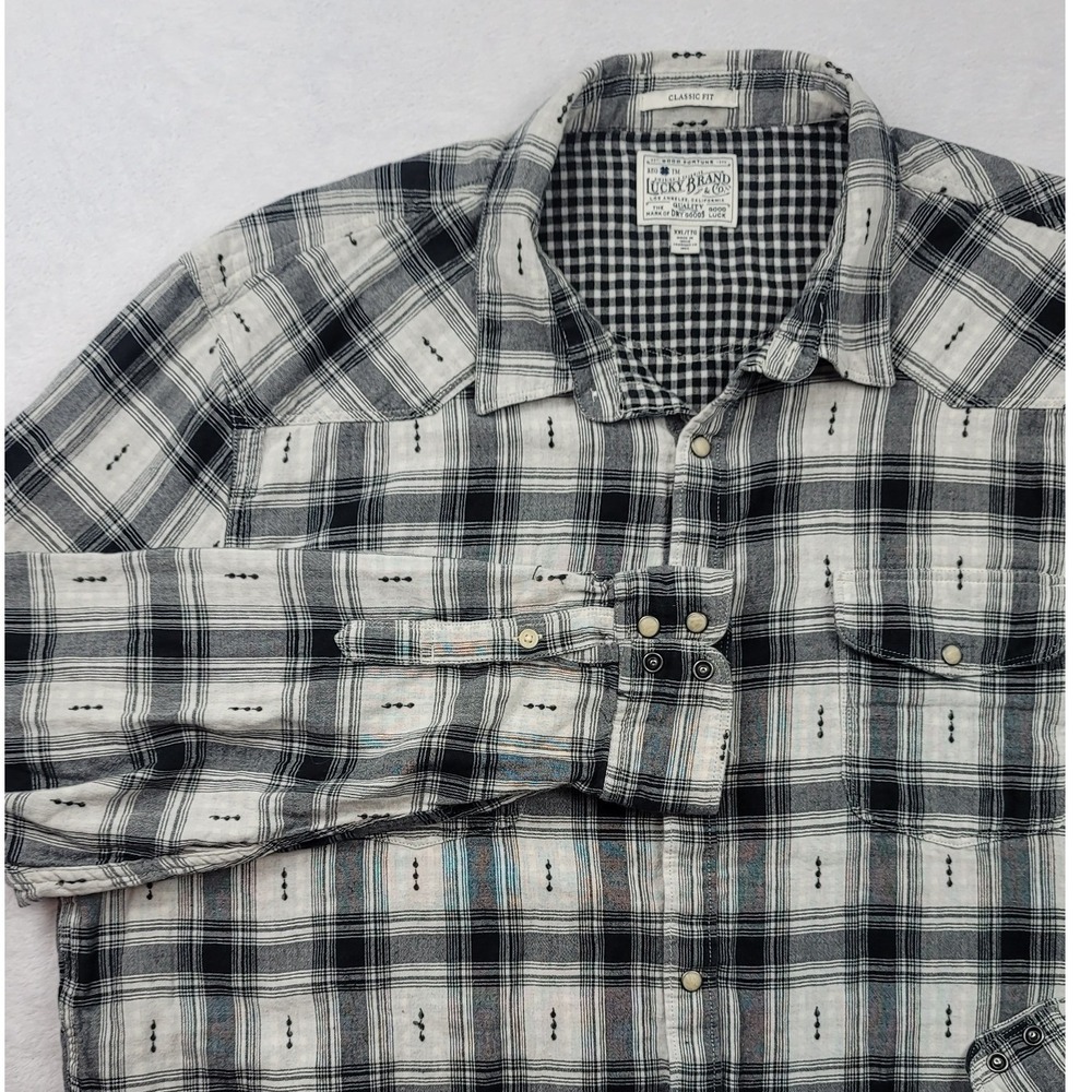 Lucky Brand Mens XXL Black White Plaid Dobby Western Pearl Snap Shirt